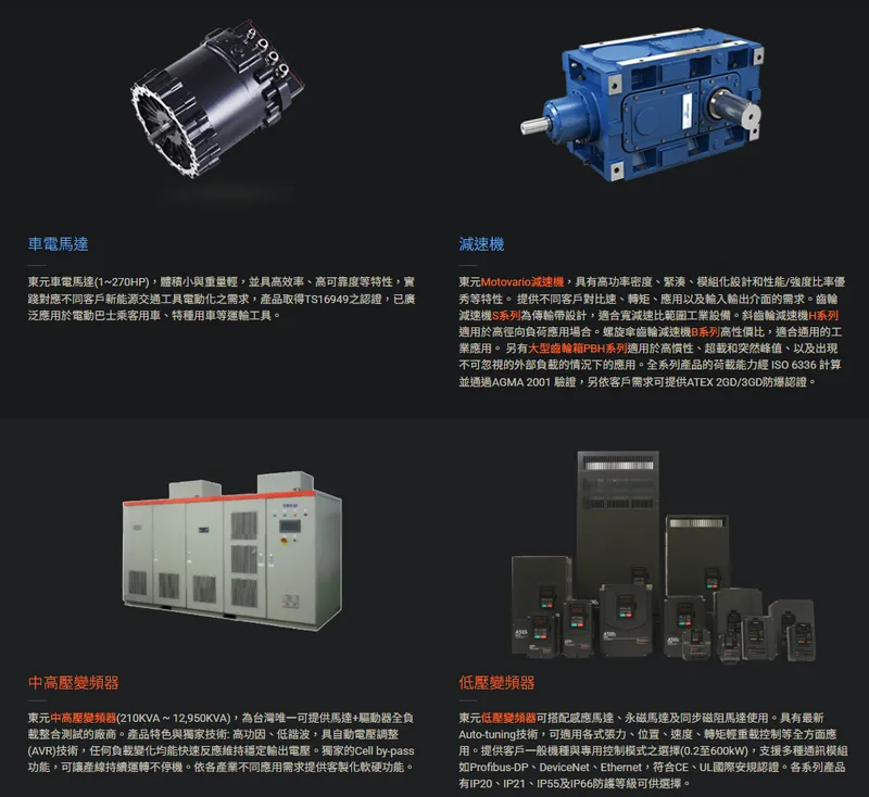 東元機電系統－整合超高效率馬達、中壓變頻器、變頻器等系列產品