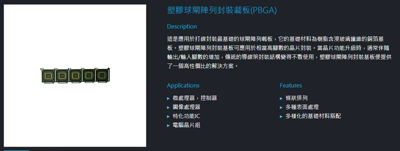 景碩科技塑膠球閘陣列封裝載板(PBGA)