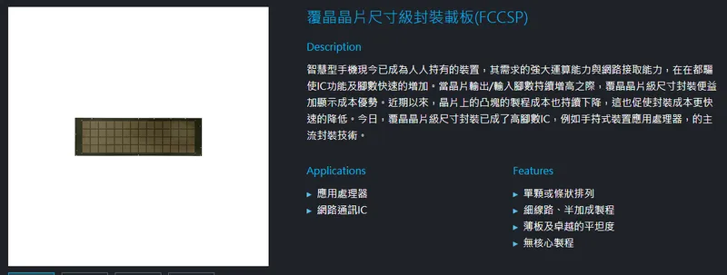 景碩科技覆晶晶片尺寸級封裝載板(FCCSP)