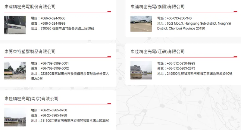 東浦精密光電全球營運據點